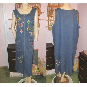 Vtg Denim Midi Dress 2X Pockets Jumper Embroidered Countrycore Grannycore Modest